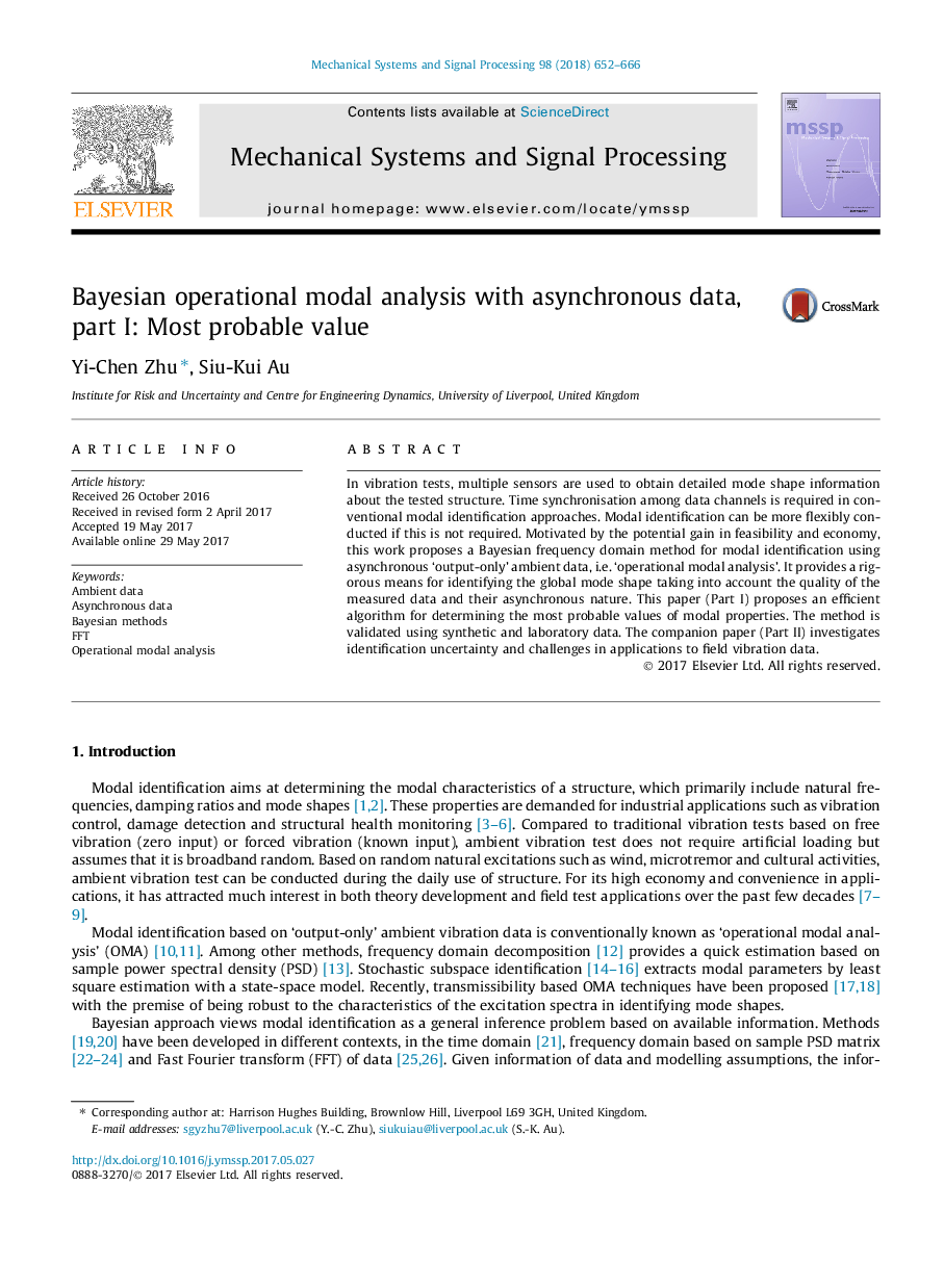 Bayesian operational modal analysis with asynchronous data, part I: Most probable value