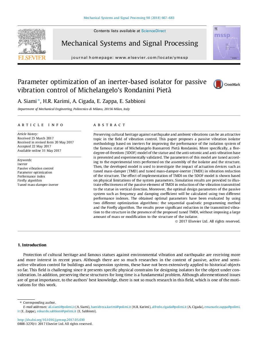 Parameter optimization of an inerter-based isolator for passive vibration control of Michelangelo's Rondanini PietÃ 
