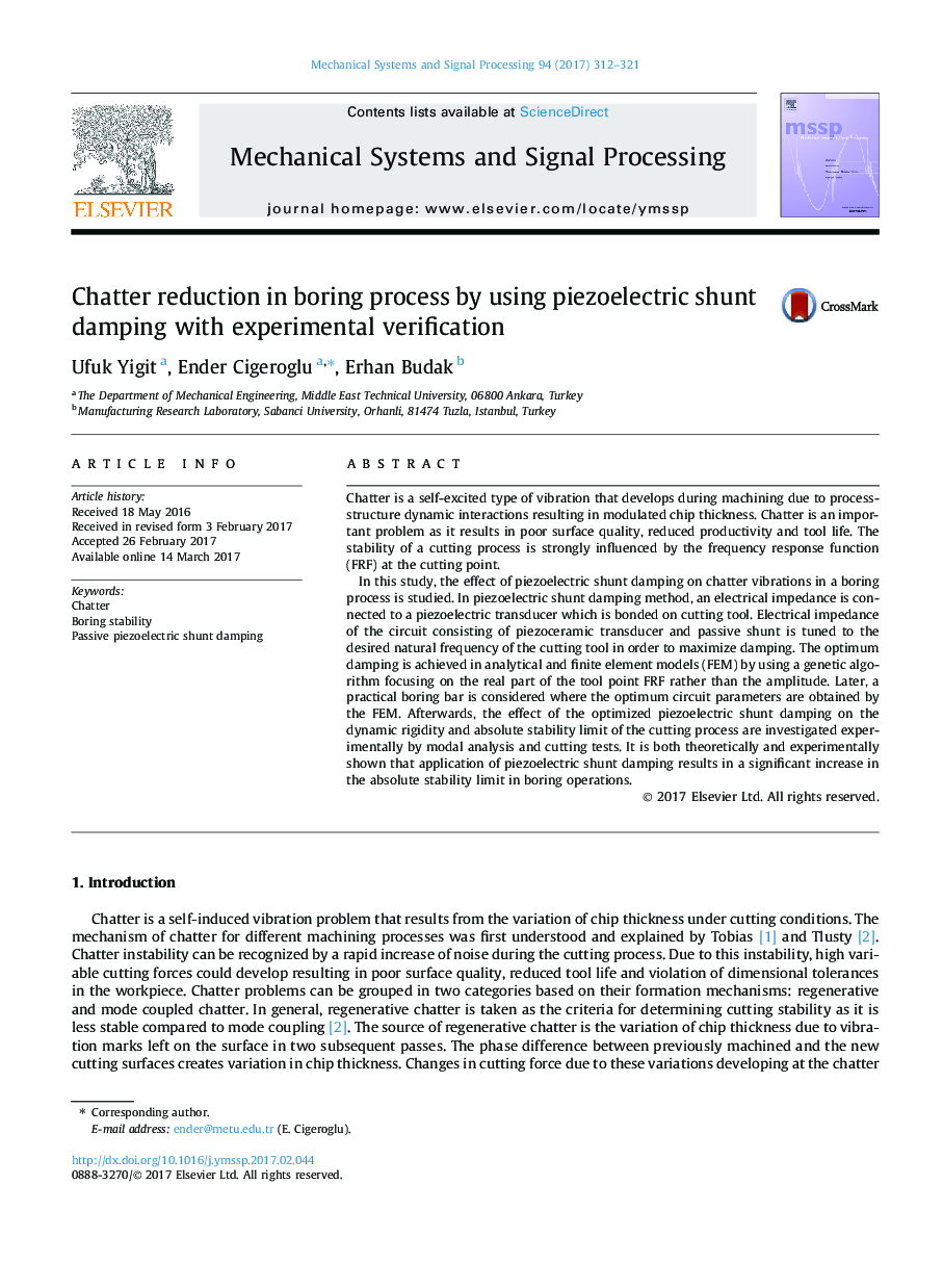 Chatter reduction in boring process by using piezoelectric shunt damping with experimental verification