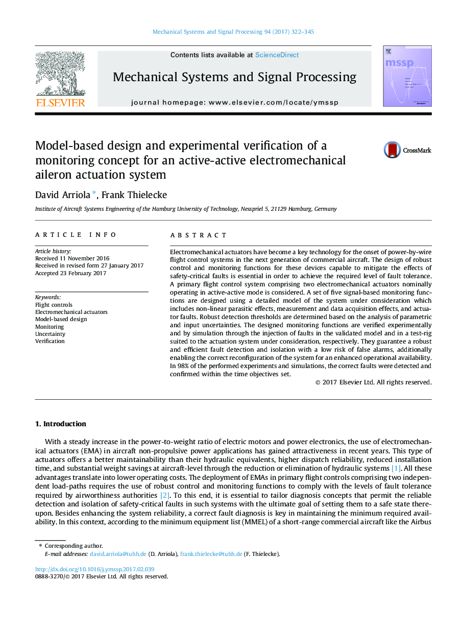 Model-based design and experimental verification of a monitoring concept for an active-active electromechanical aileron actuation system