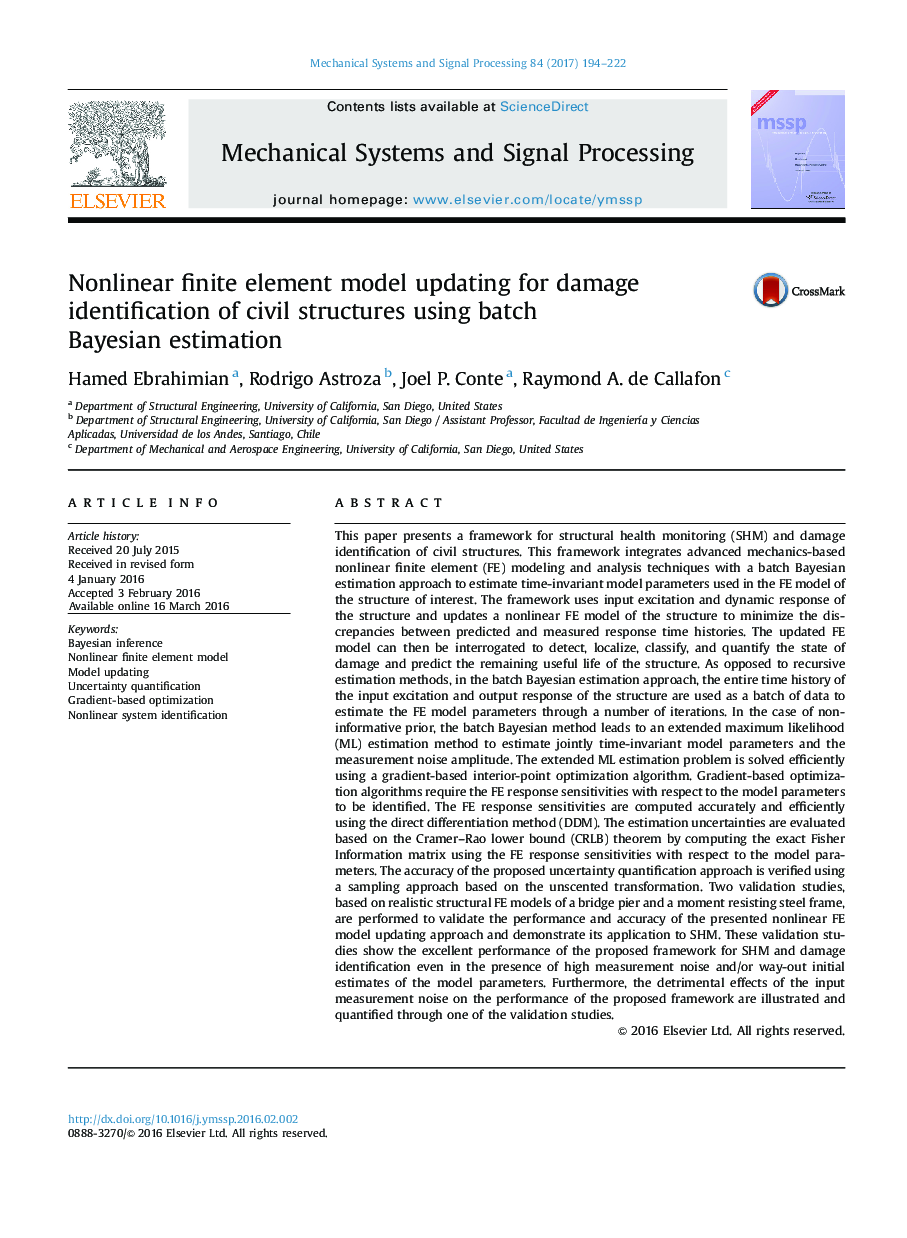 Nonlinear finite element model updating for damage identification of civil structures using batch Bayesian estimation