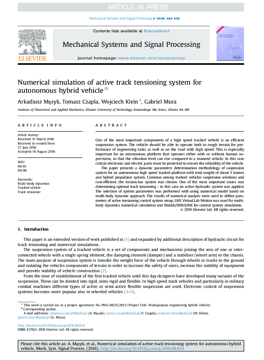 Numerical simulation of active track tensioning system for autonomous hybrid vehicle