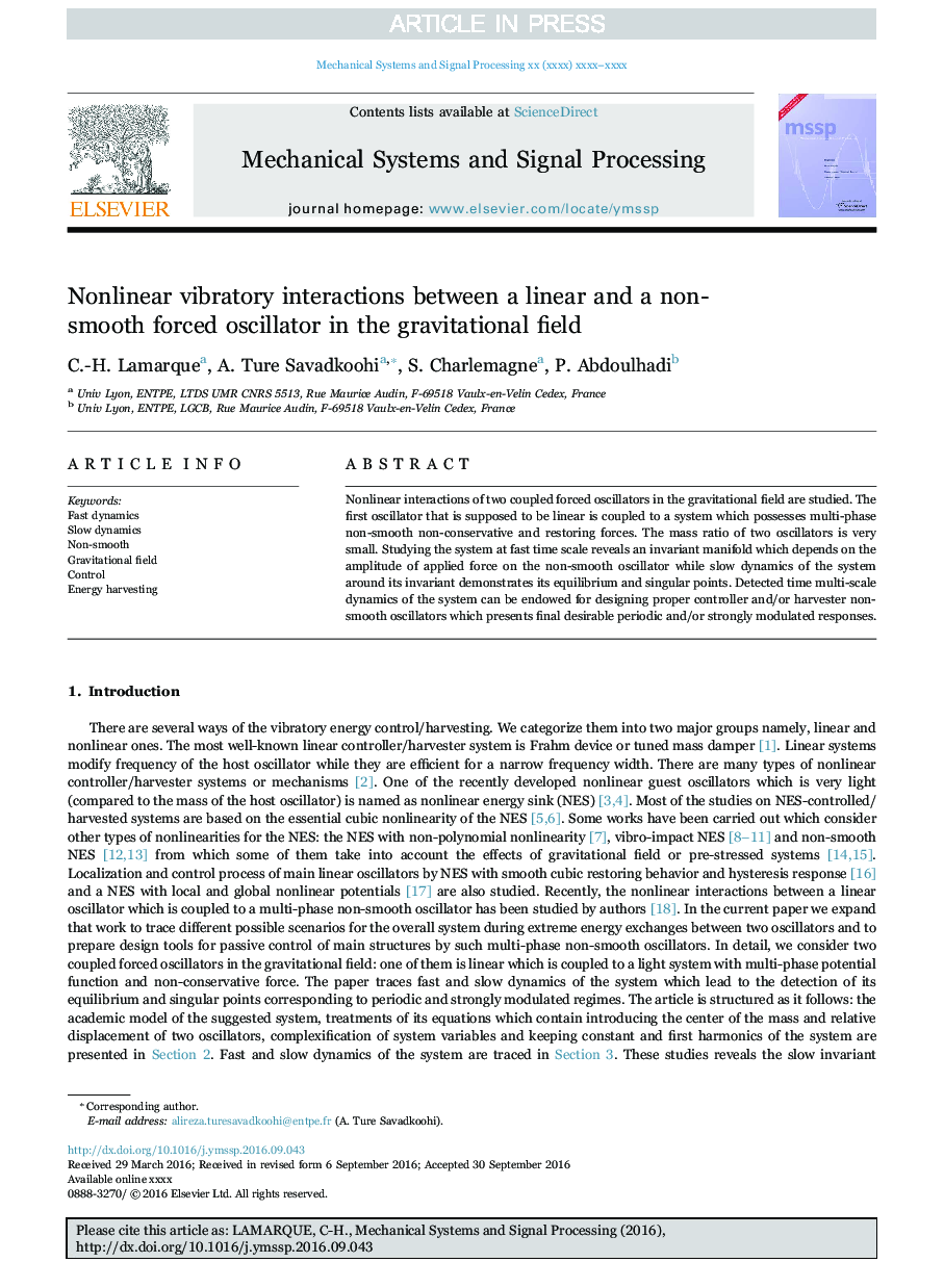 Nonlinear vibratory interactions between a linear and a non-smooth forced oscillator in the gravitational field