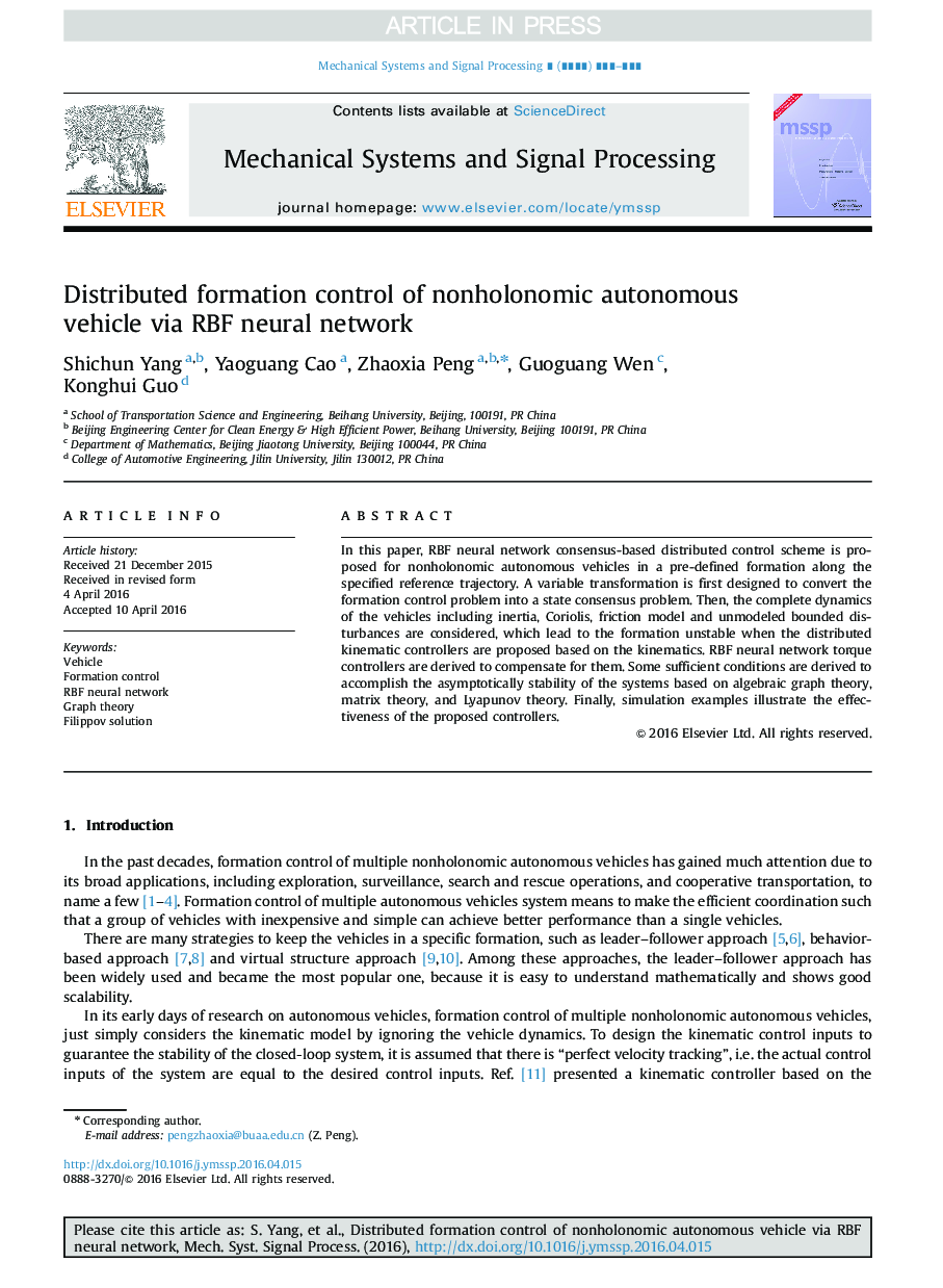 Distributed formation control of nonholonomic autonomous vehicle via RBF neural network