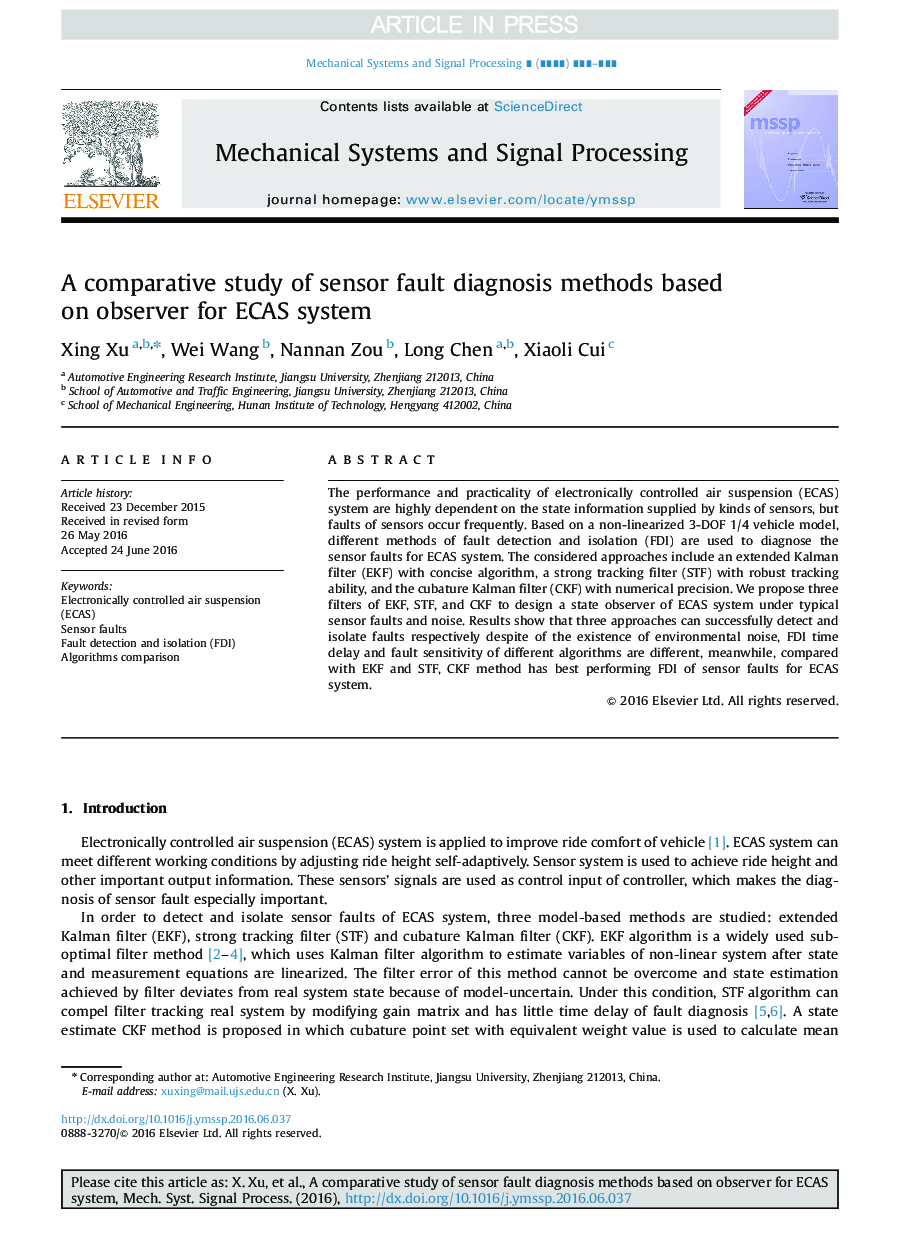 A comparative study of sensor fault diagnosis methods based on observer for ECAS system