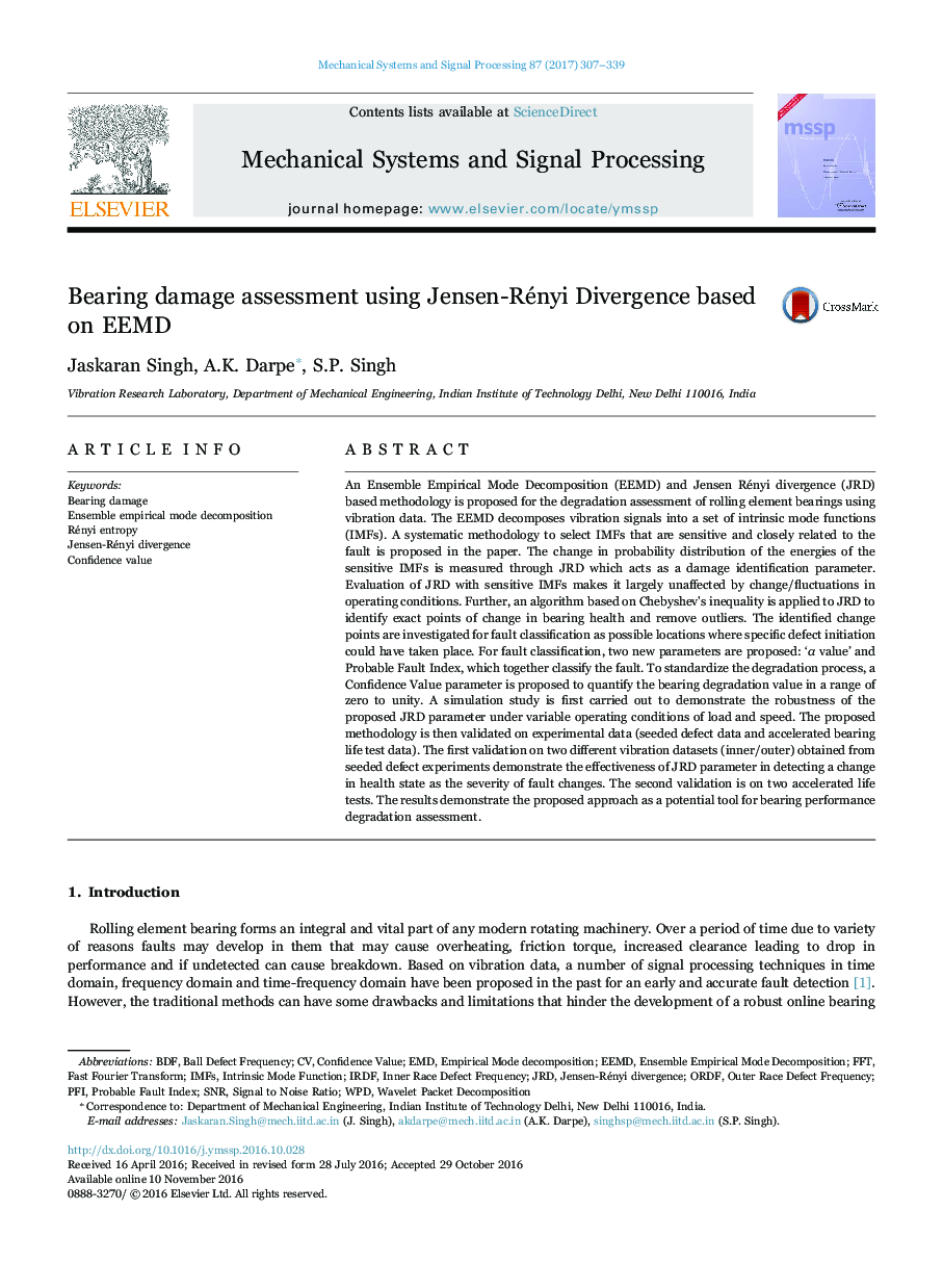 Bearing damage assessment using Jensen-Rényi Divergence based on EEMD