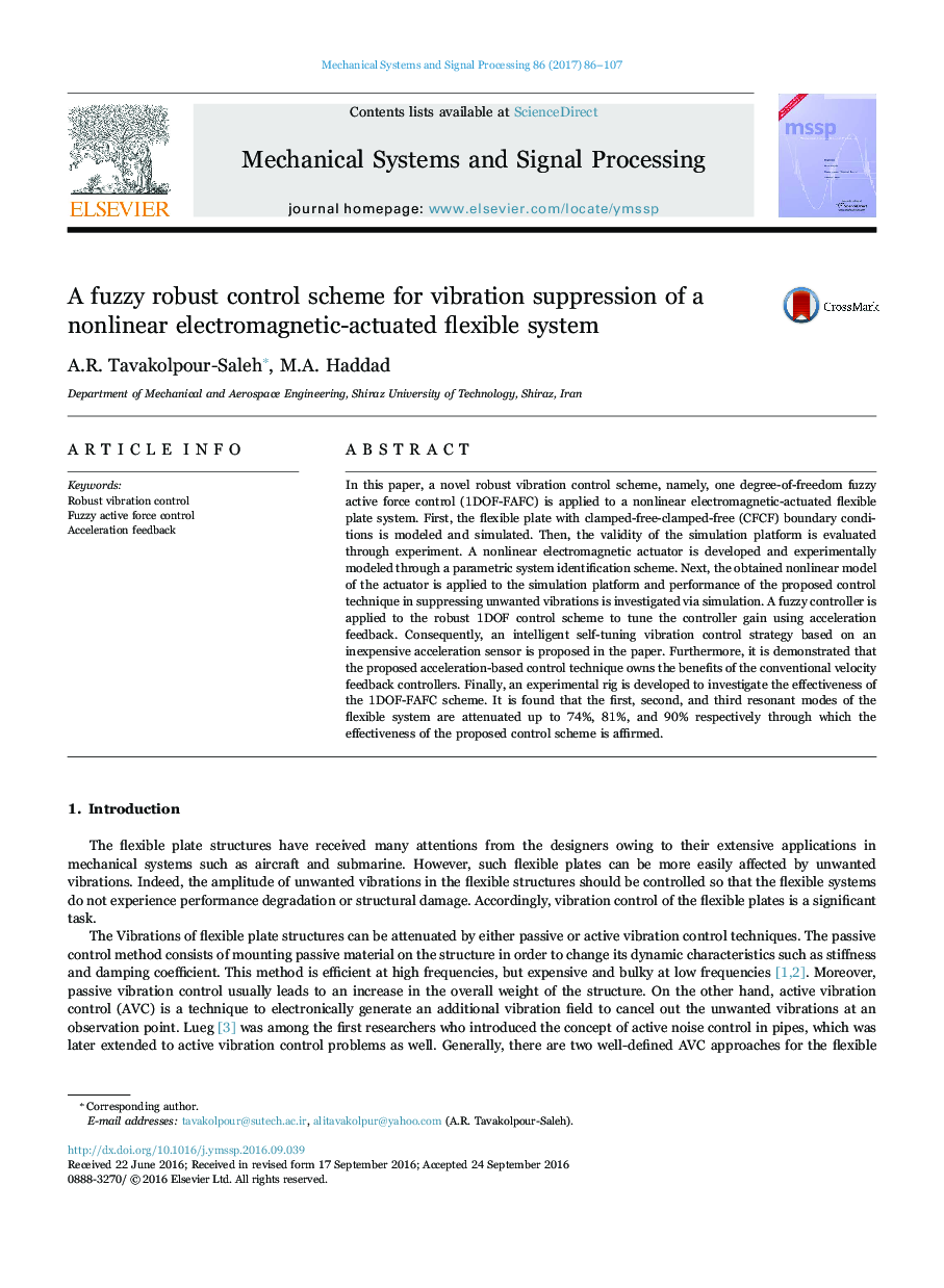 A fuzzy robust control scheme for vibration suppression of a nonlinear electromagnetic-actuated flexible system