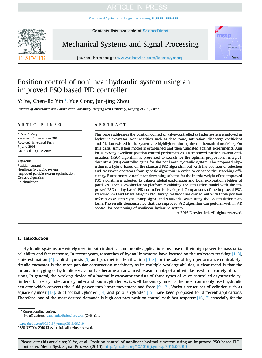 Position control of nonlinear hydraulic system using an improved PSO based PID controller