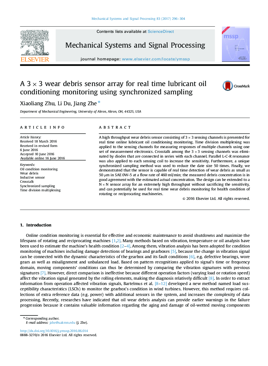 A 3×3 wear debris sensor array for real time lubricant oil conditioning monitoring using synchronized sampling