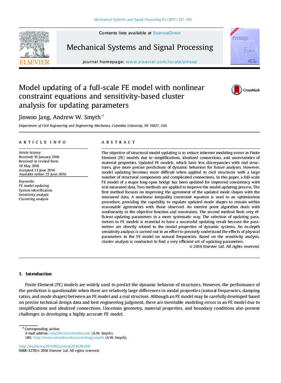 Model updating of a full-scale FE model with nonlinear constraint equations and sensitivity-based cluster analysis for updating parameters