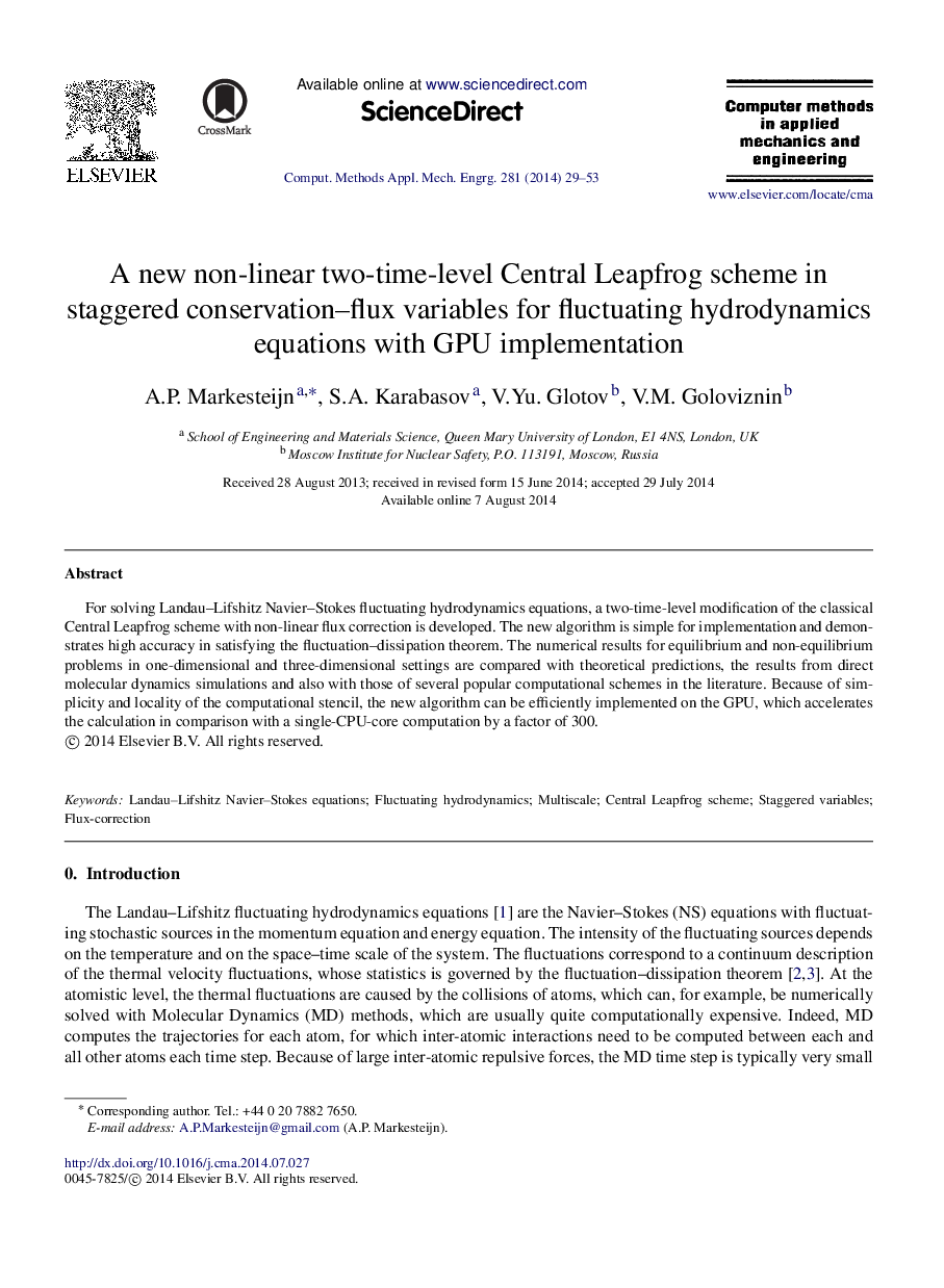 A new non-linear two-time-level Central Leapfrog scheme in staggered conservation–flux variables for fluctuating hydrodynamics equations with GPU implementation