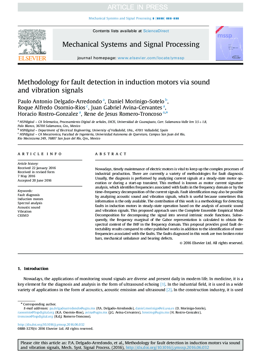 Methodology for fault detection in induction motors via sound and vibration signals