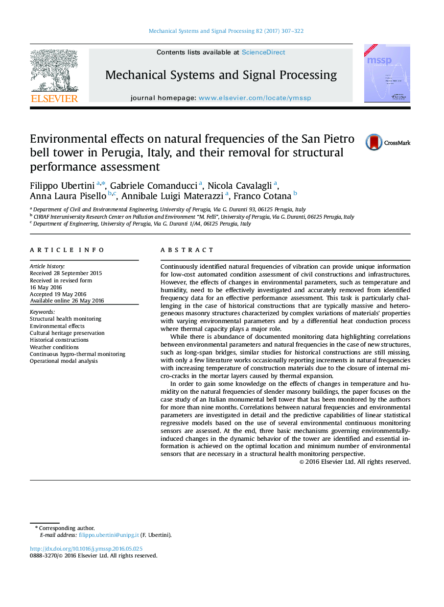 Environmental effects on natural frequencies of the San Pietro bell tower in Perugia, Italy, and their removal for structural performance assessment