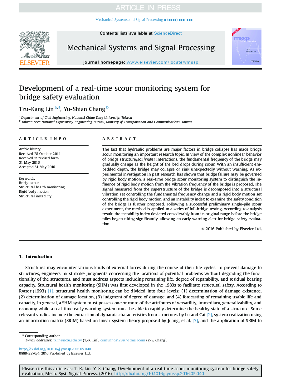 Development of a real-time scour monitoring system for bridge safety evaluation