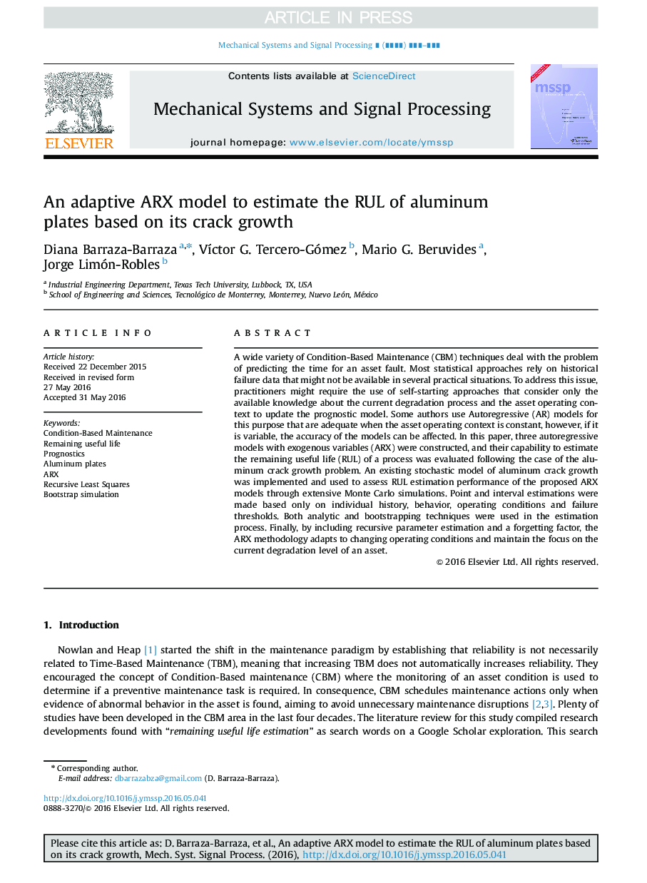 An adaptive ARX model to estimate the RUL of aluminum plates based on its crack growth