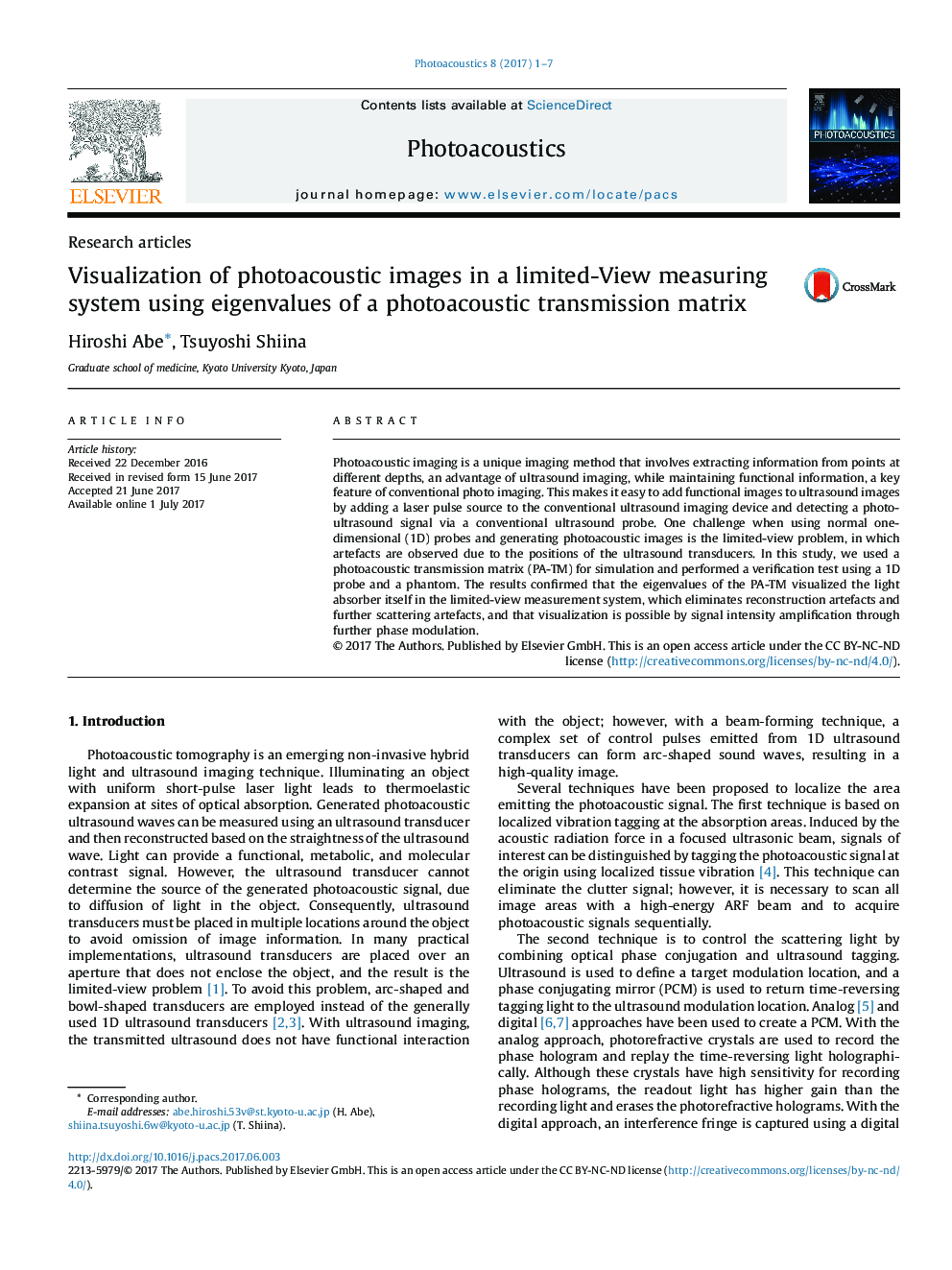 Research articlesVisualization of photoacoustic images in a limited-View measuring system using eigenvalues of a photoacoustic transmission matrix