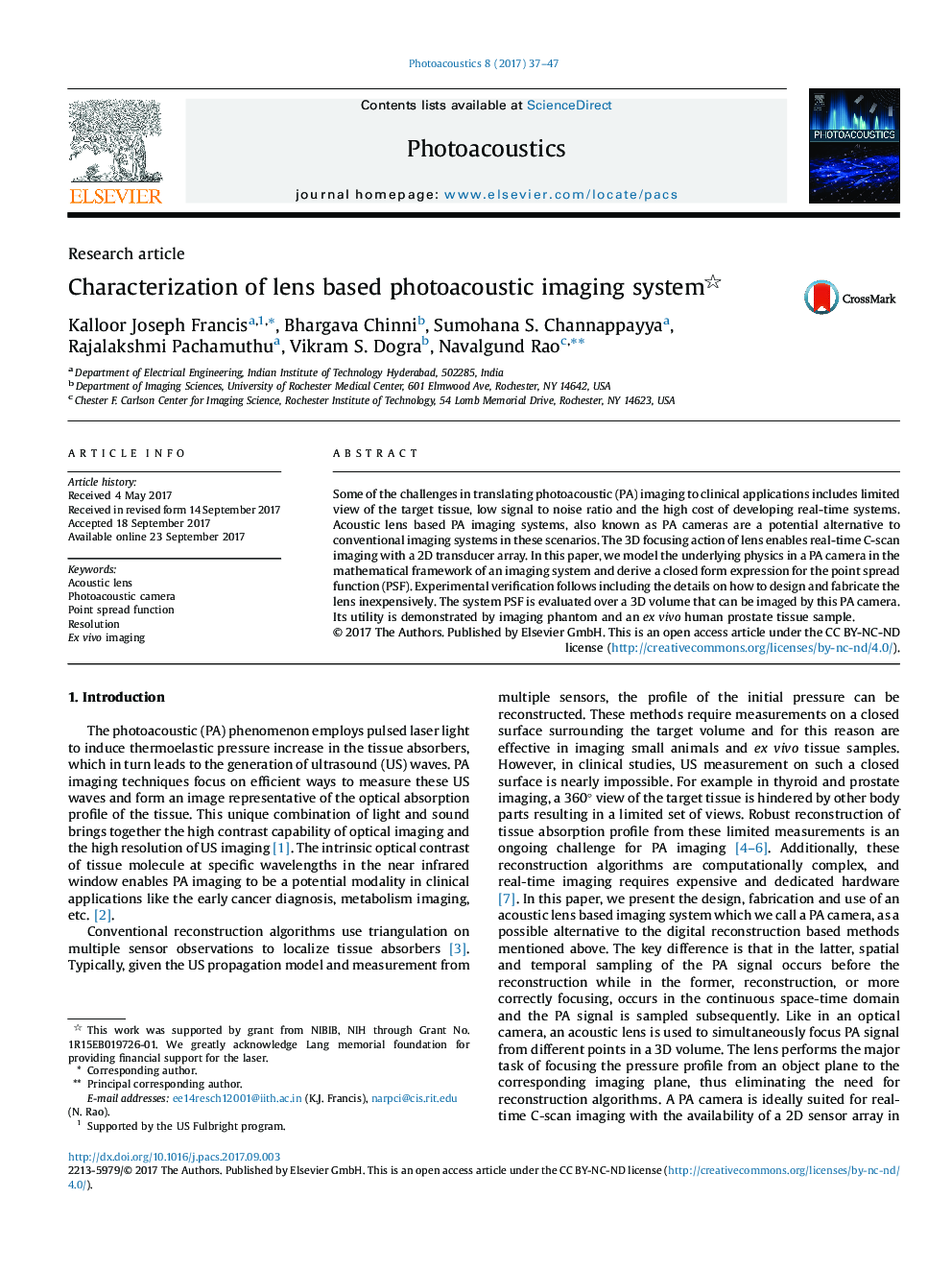 Characterization of lens based photoacoustic imaging system