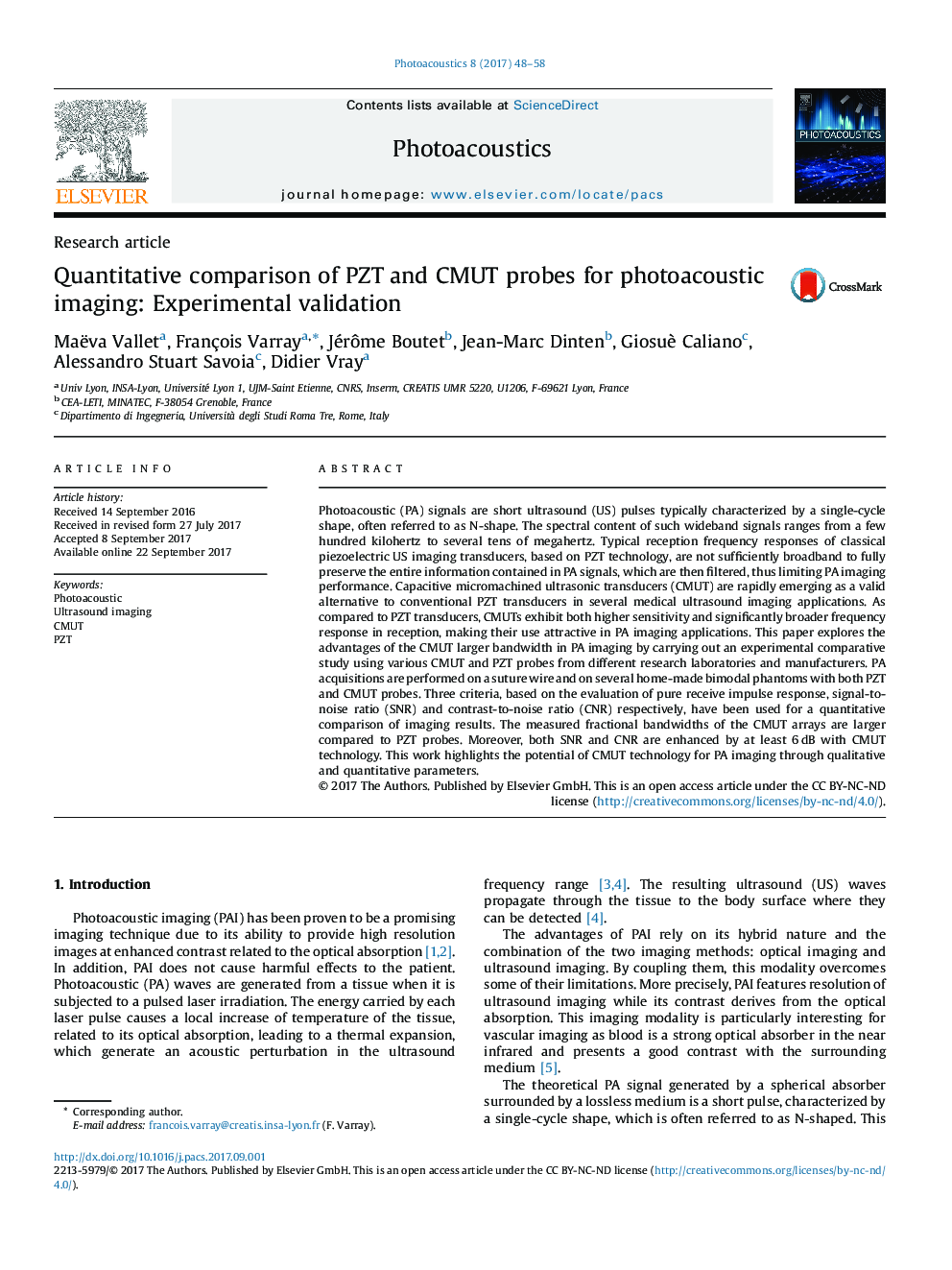 Quantitative comparison of PZT and CMUT probes for photoacoustic imaging: Experimental validation