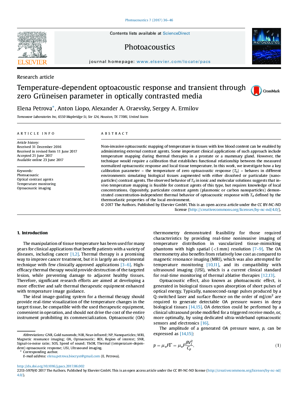 Research articleTemperature-dependent optoacoustic response and transient through zero Grüneisen parameter in optically contrasted media