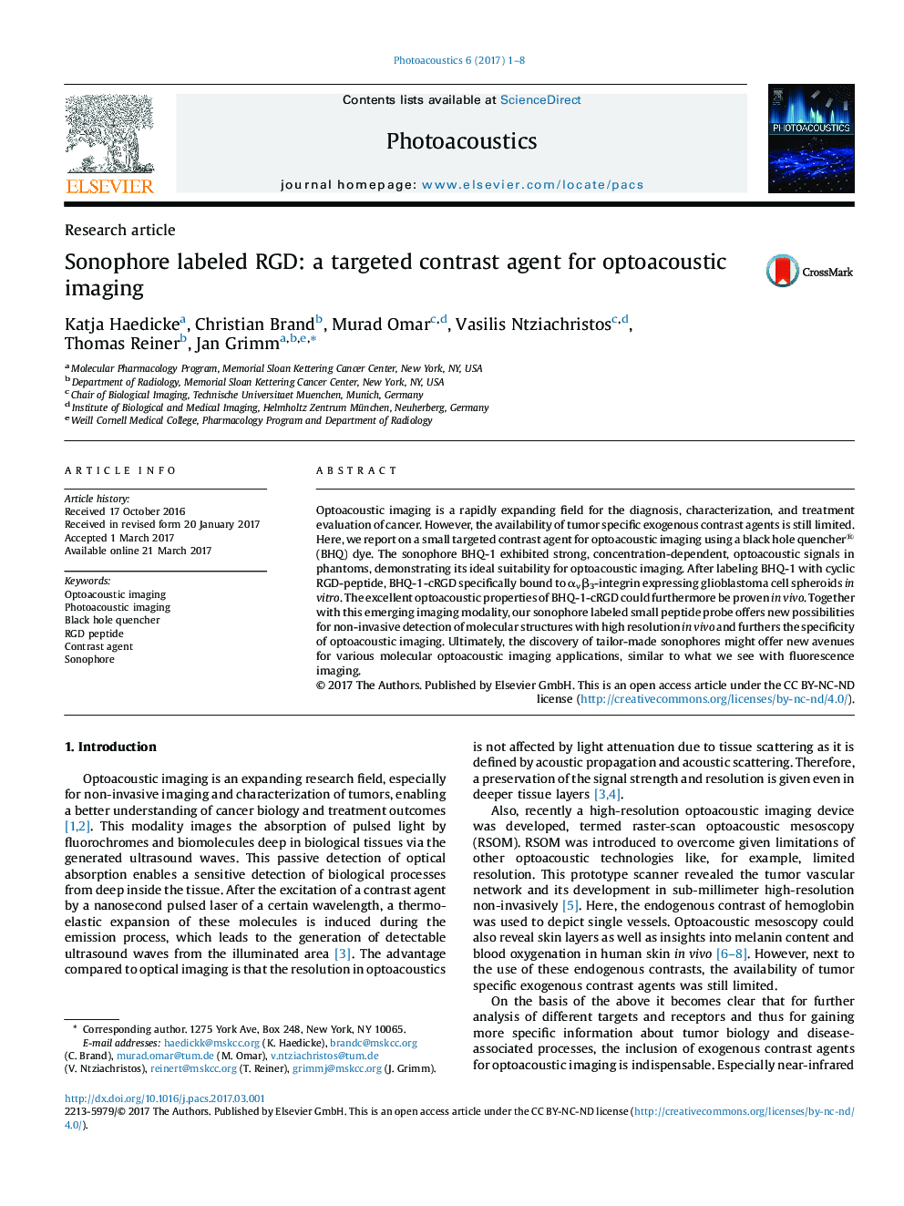 Sonophore labeled RGD: a targeted contrast agent for optoacoustic imaging