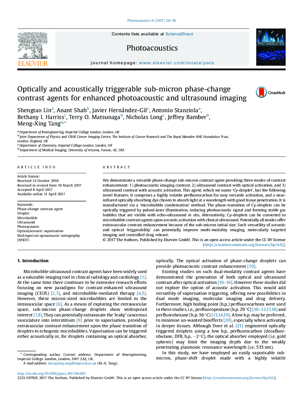 Optically and acoustically triggerable sub-micron phase-change contrast agents for enhanced photoacoustic and ultrasound imaging