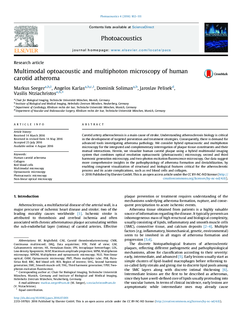 Multimodal optoacoustic and multiphoton microscopy of human carotid atheroma