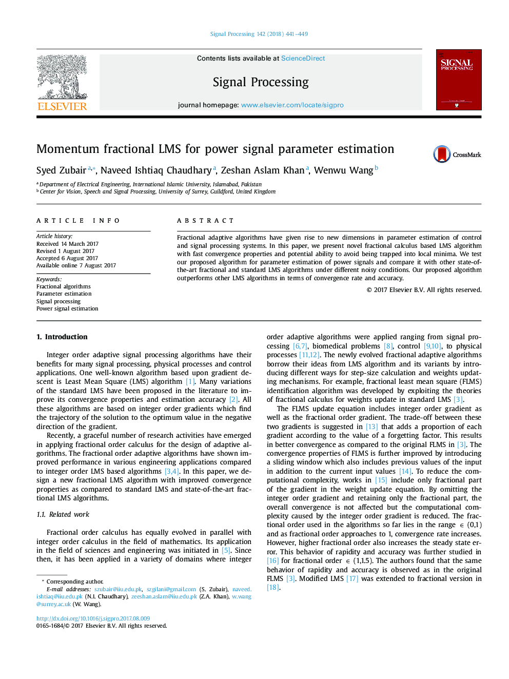 Momentum fractional LMS for power signal parameter estimation