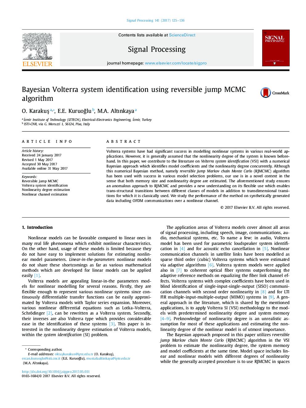 Bayesian Volterra system identification using reversible jump MCMC algorithm