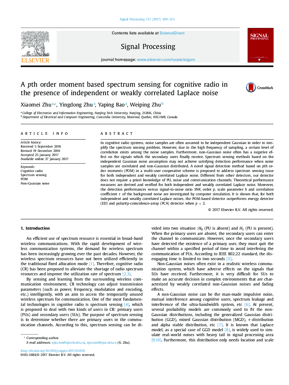 A pth order moment based spectrum sensing for cognitive radio in the presence of independent or weakly correlated Laplace noise