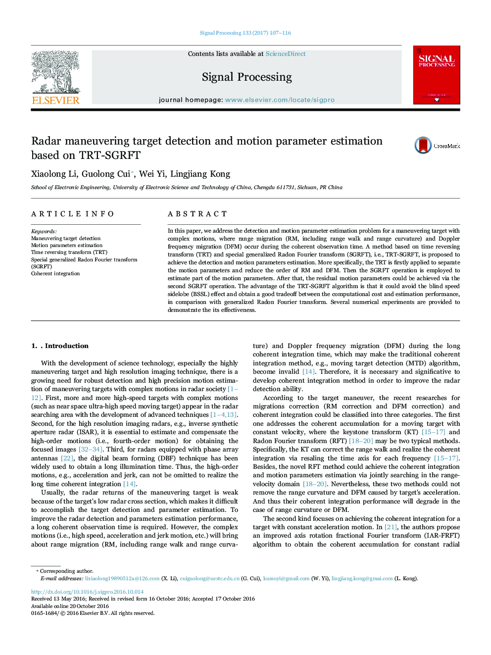 Radar maneuvering target detection and motion parameter estimation based on TRT-SGRFT