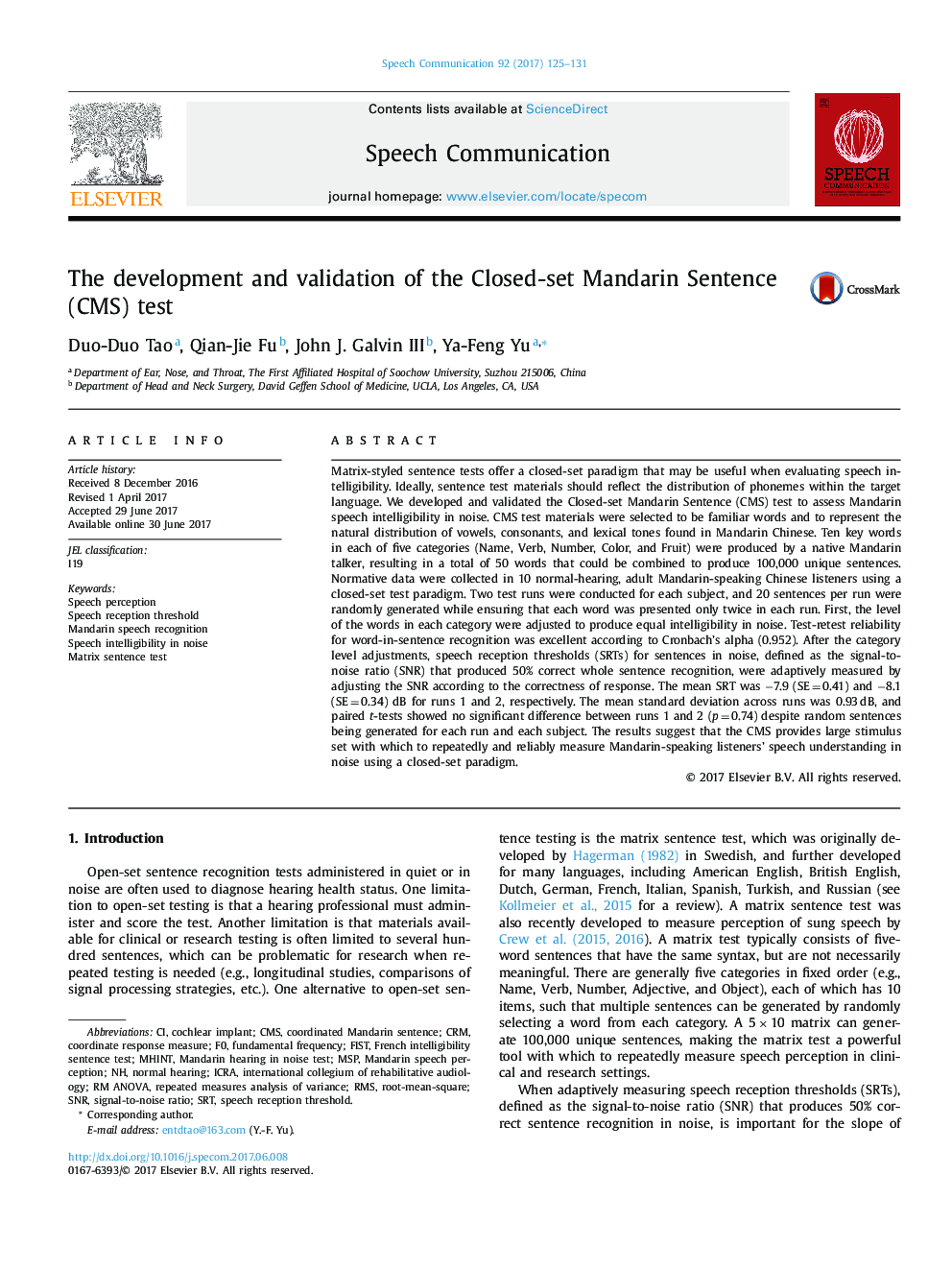 The development and validation of the Closed-set Mandarin Sentence (CMS) test