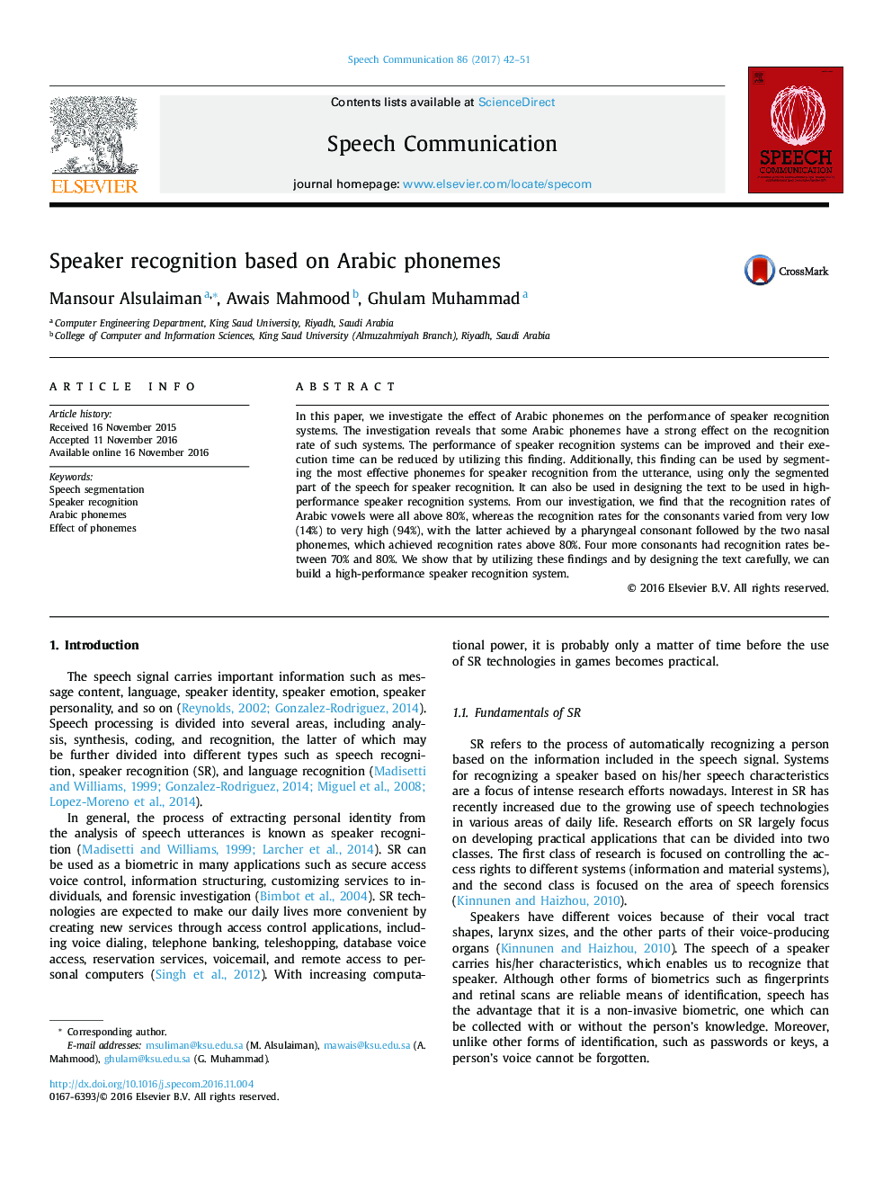 Speaker recognition based on Arabic phonemes