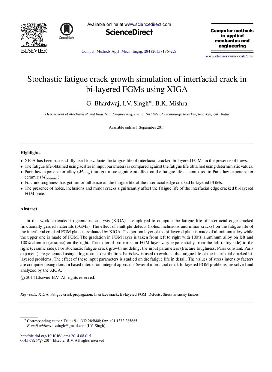 Stochastic fatigue crack growth simulation of interfacial crack in bi-layered FGMs using XIGA