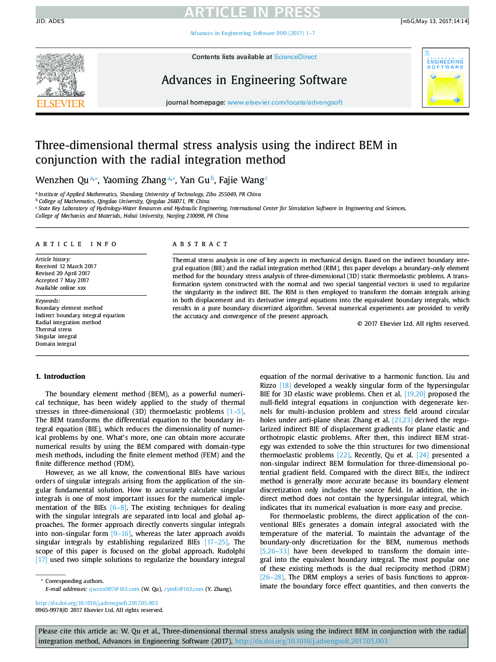 Three-dimensional thermal stress analysis using the indirect BEM in conjunction with the radial integration method