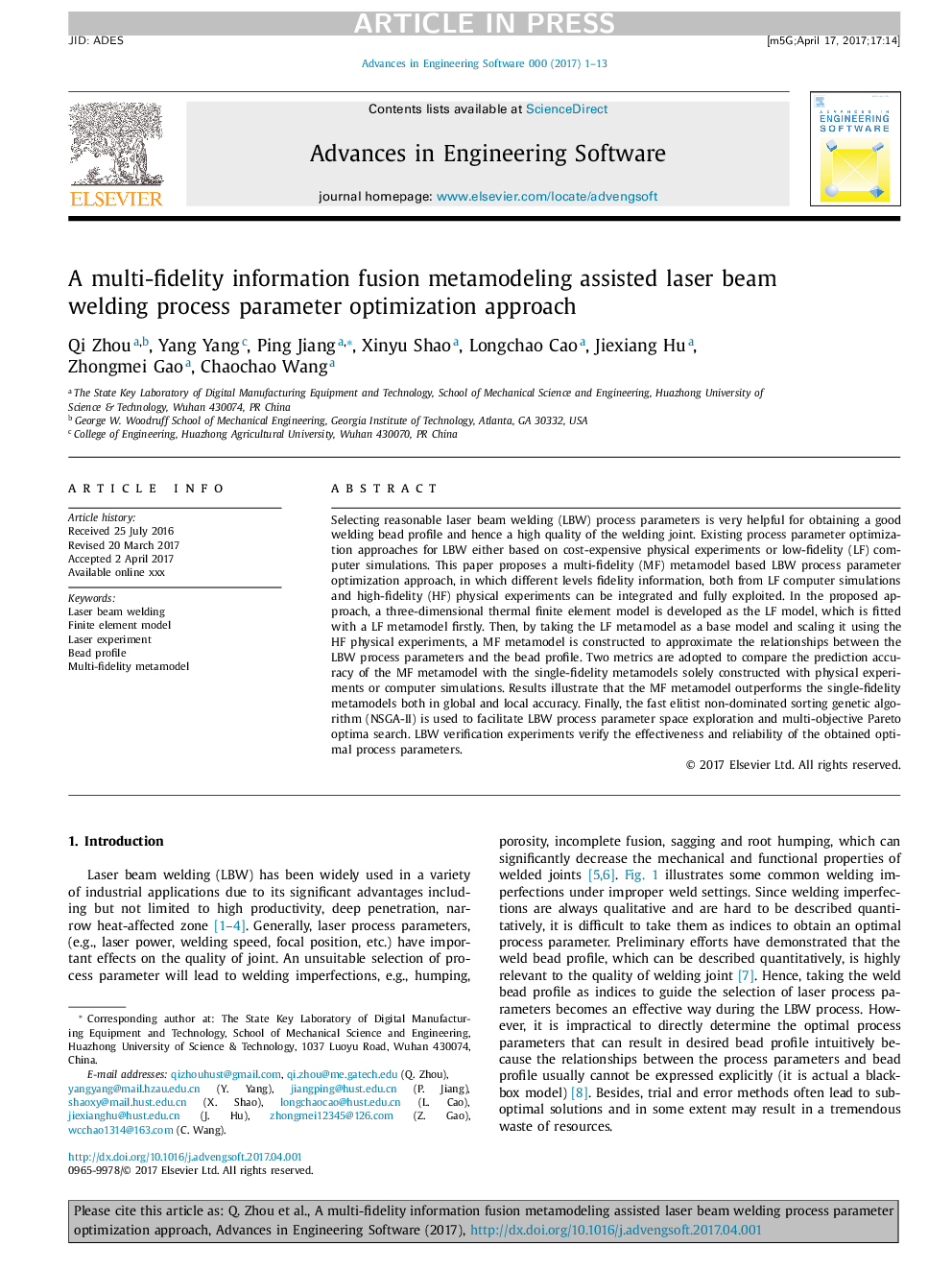 A multi-fidelity information fusion metamodeling assisted laser beam welding process parameter optimization approach