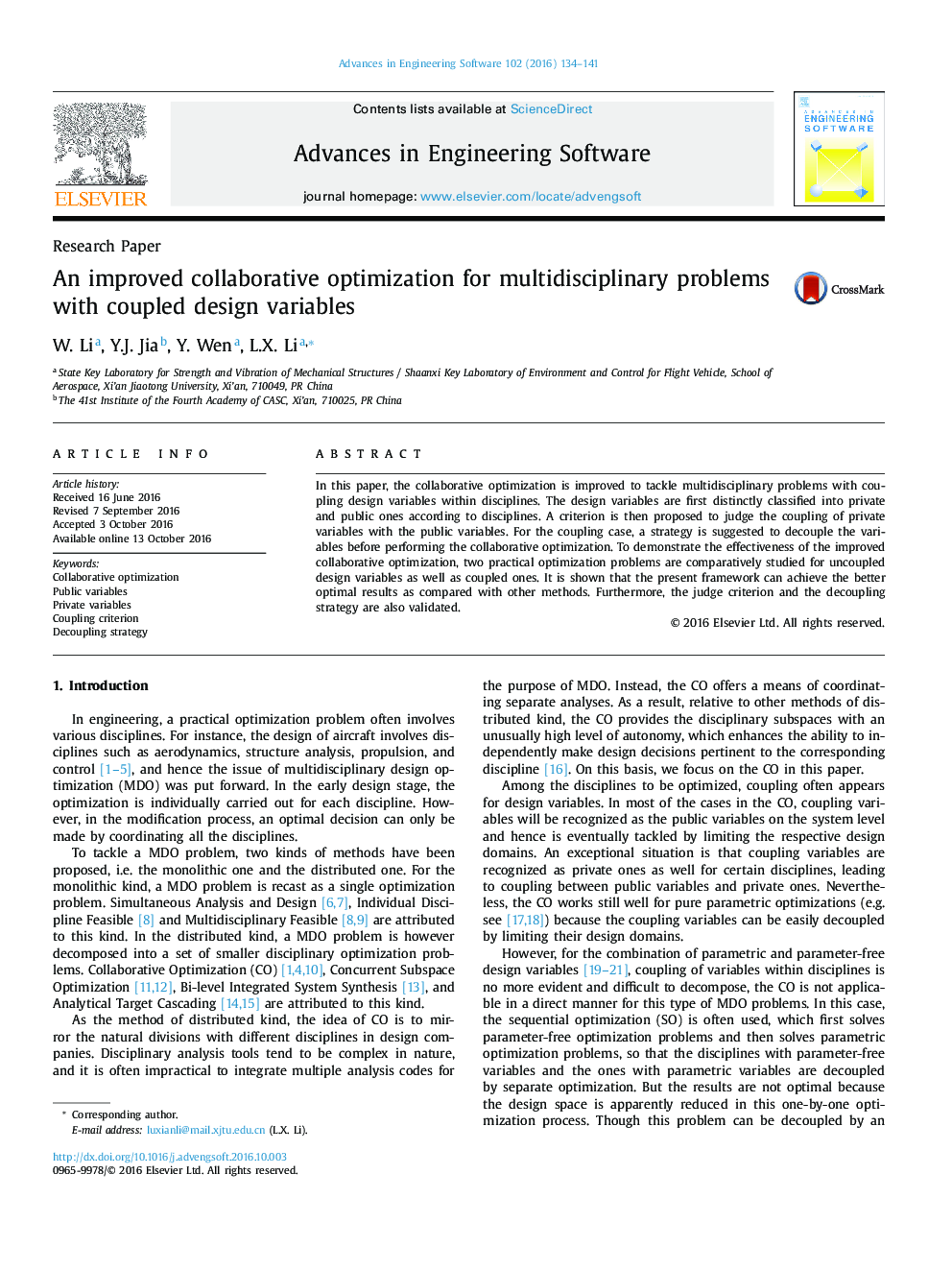 An improved collaborative optimization for multidisciplinary problems with coupled design variables