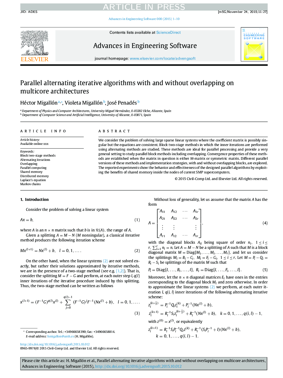 Parallel alternating iterative algorithms with and without overlapping on multicore architectures