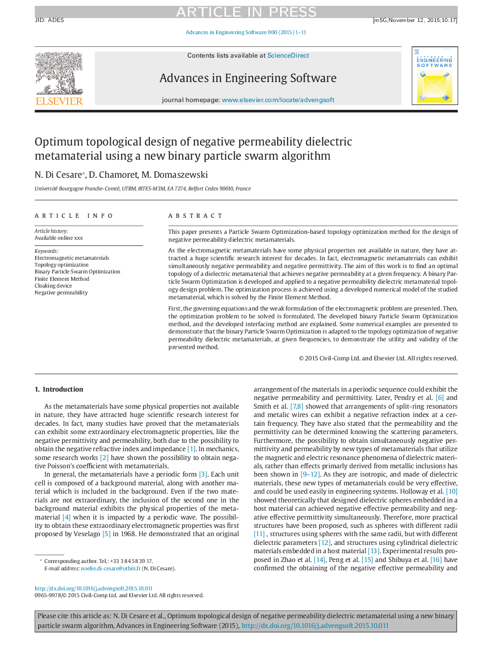 Optimum topological design of negative permeability dielectric metamaterial using a new binary particle swarm algorithm