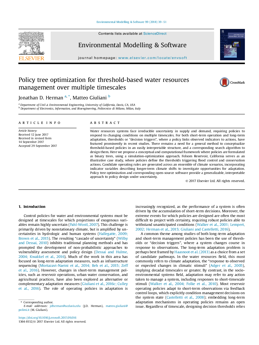 Policy tree optimization for threshold-based water resources management over multiple timescales