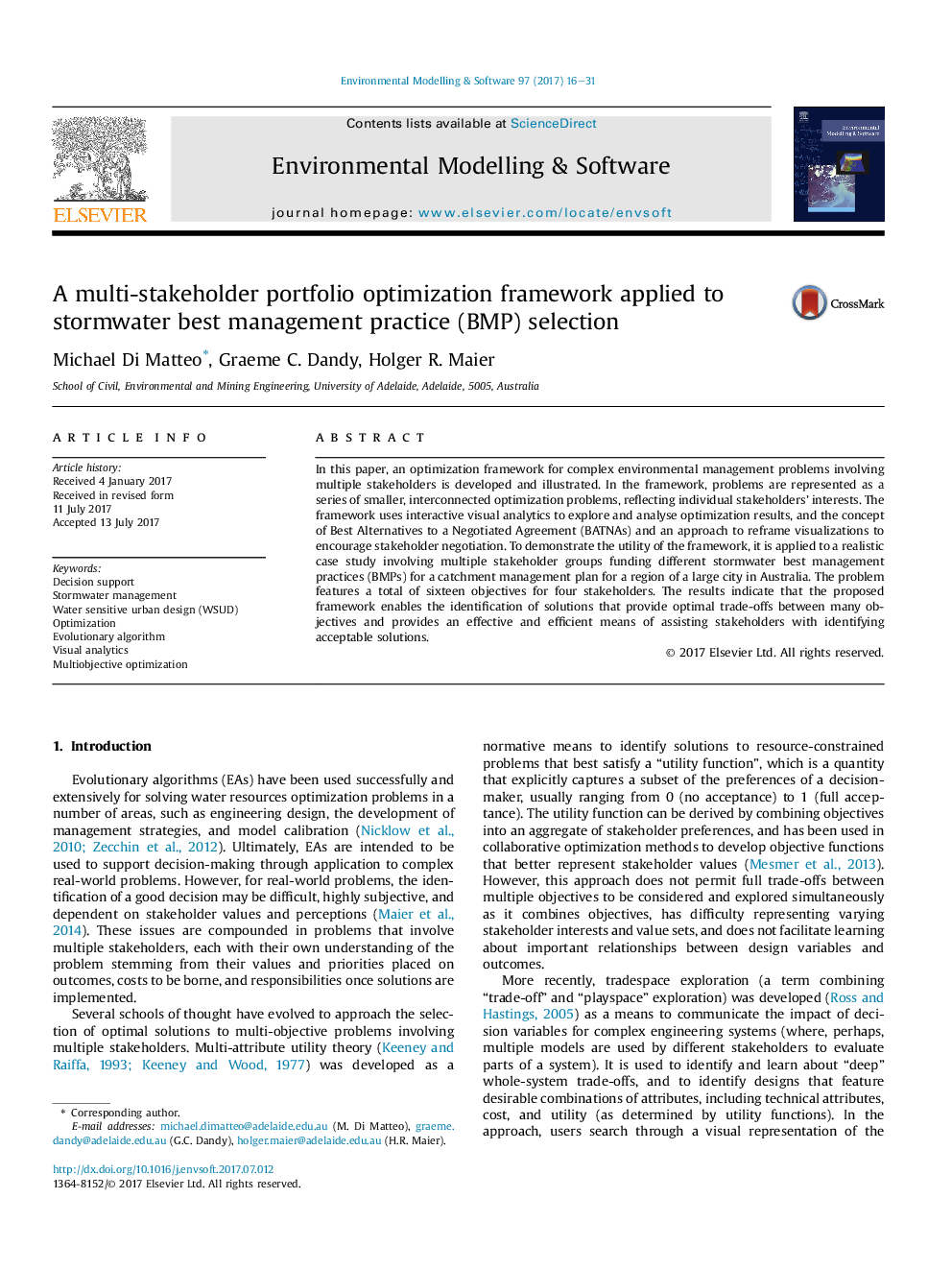 A multi-stakeholder portfolio optimization framework applied to stormwater best management practice (BMP) selection