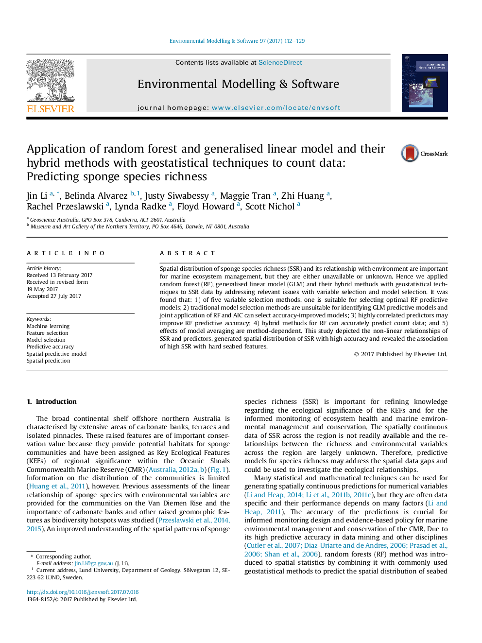 Application of random forest, generalised linear model and their hybrid methods with geostatistical techniques to count data: Predicting sponge species richness