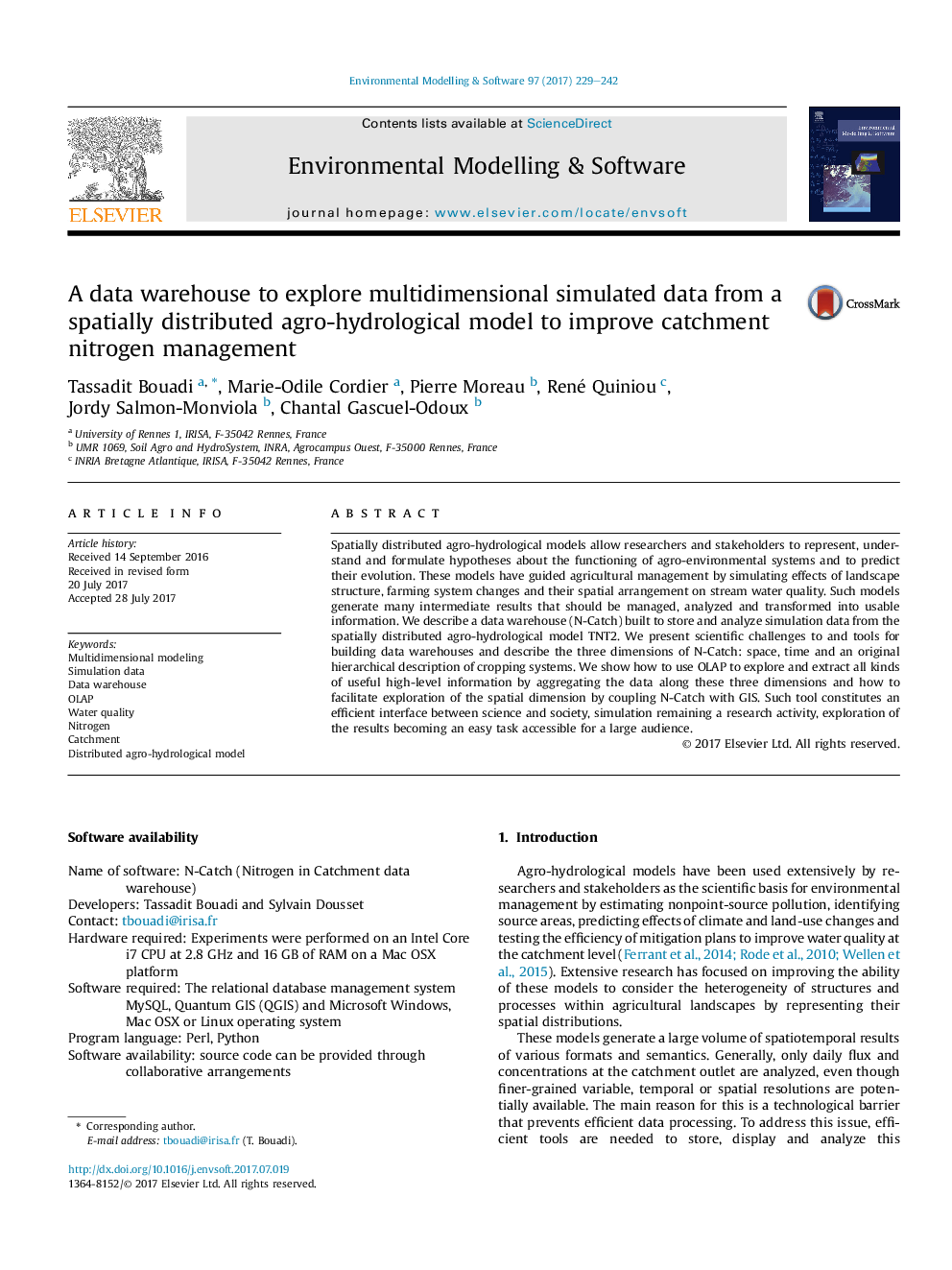 A data warehouse to explore multidimensional simulated data from a spatially distributed agro-hydrological model to improve catchment nitrogen management