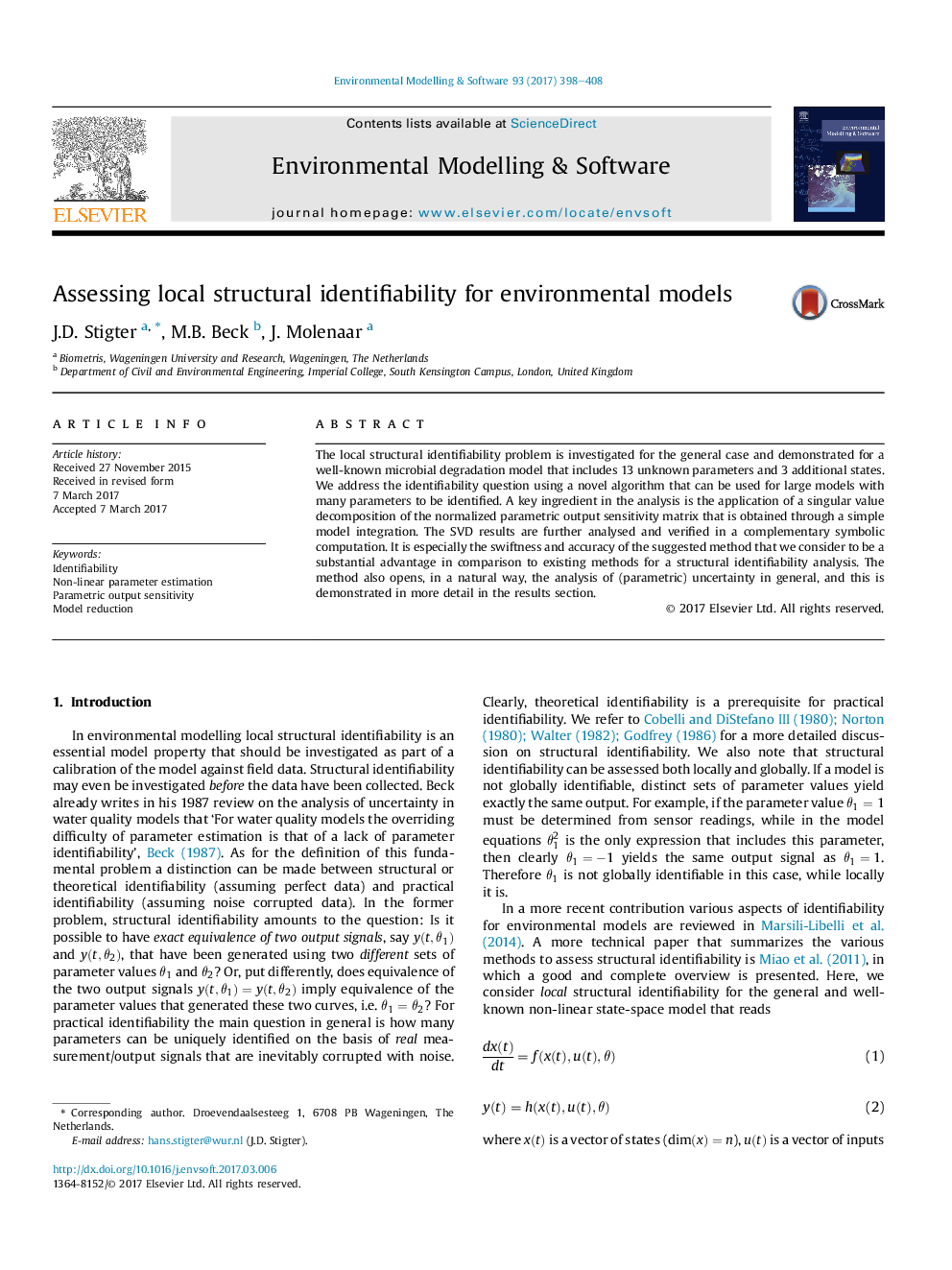 Assessing local structural identifiability for environmental models