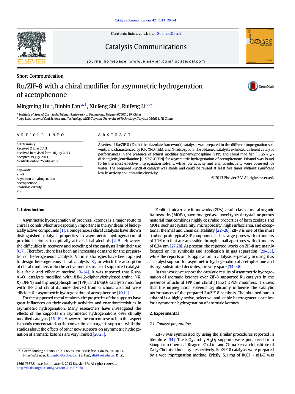 Ru/ZIF-8 with a chiral modifier for asymmetric hydrogenation of acetophenone