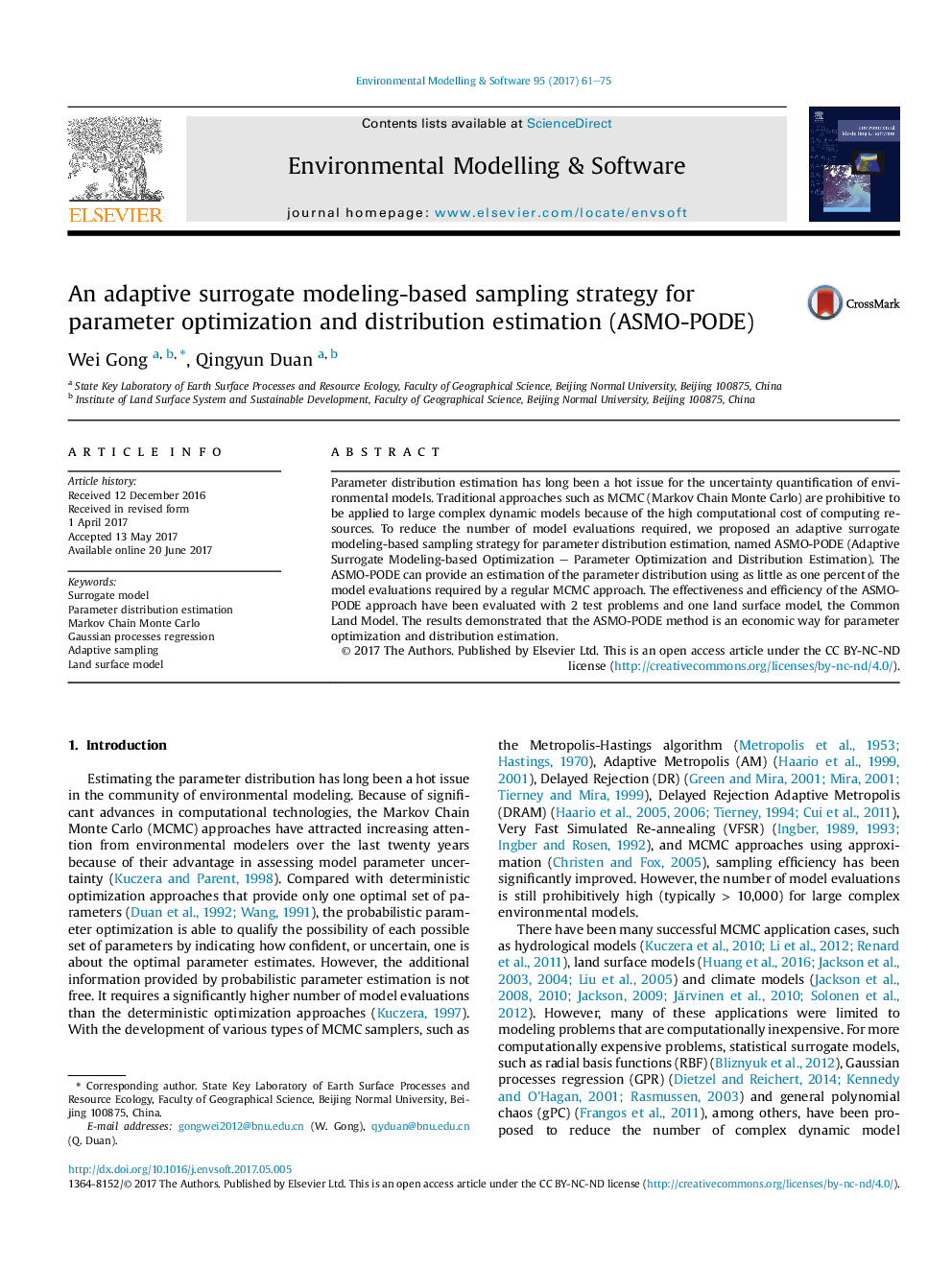 An adaptive surrogate modeling-based sampling strategy for parameter optimization and distribution estimation (ASMO-PODE)