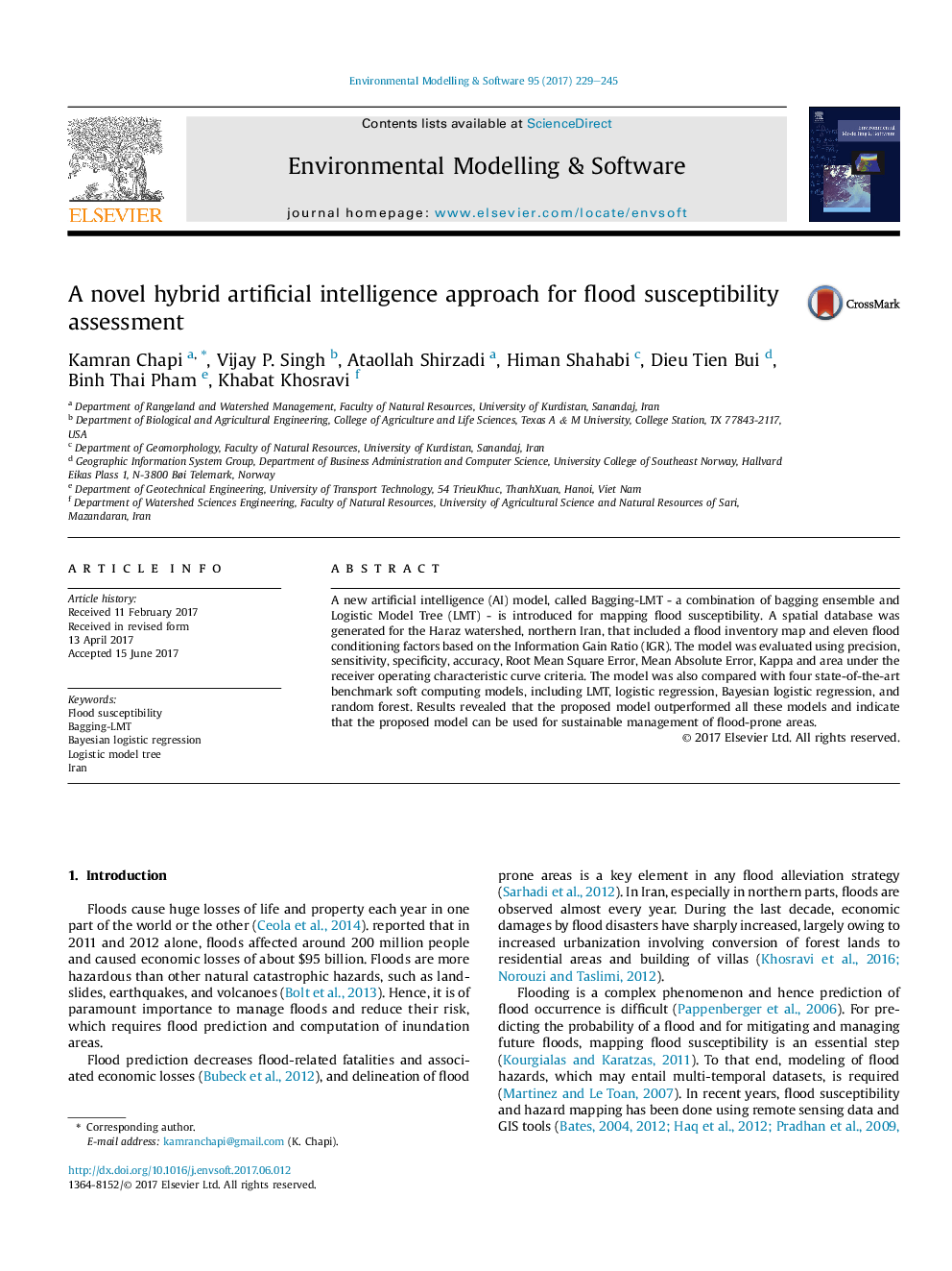 A novel hybrid artificial intelligence approach for flood susceptibility assessment