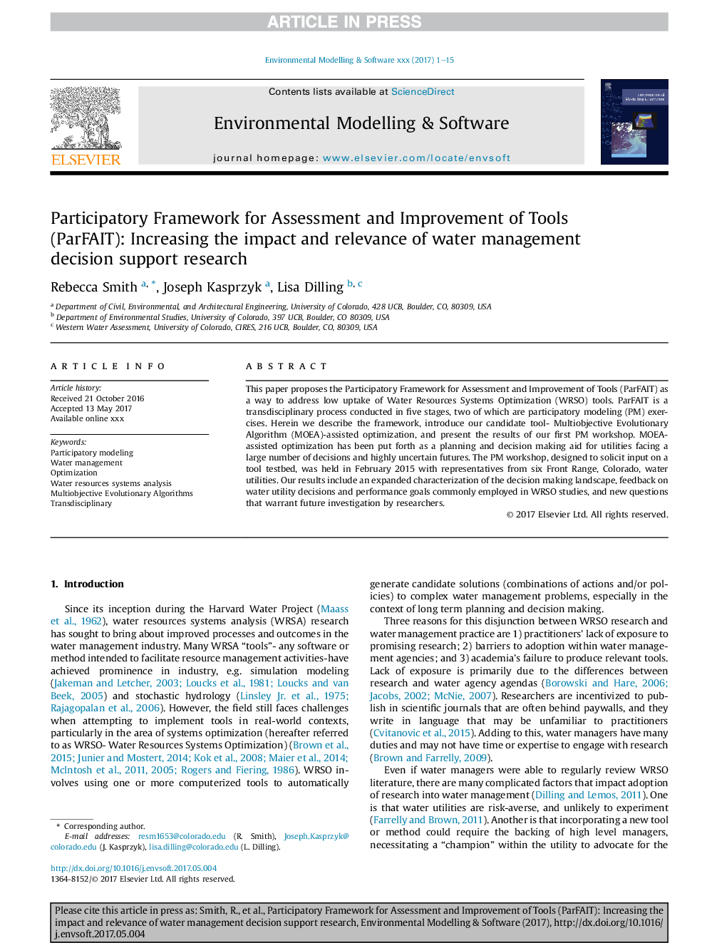 Participatory Framework for Assessment and Improvement of Tools (ParFAIT): Increasing the impact and relevance of water management decision support research