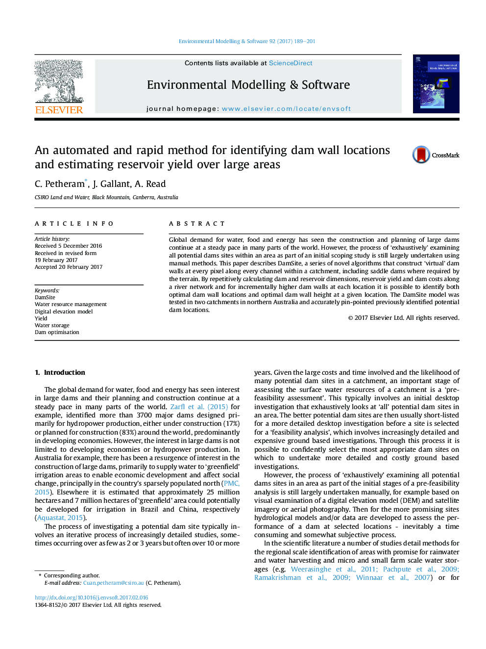 An automated and rapid method for identifying dam wall locations and estimating reservoir yield over large areas