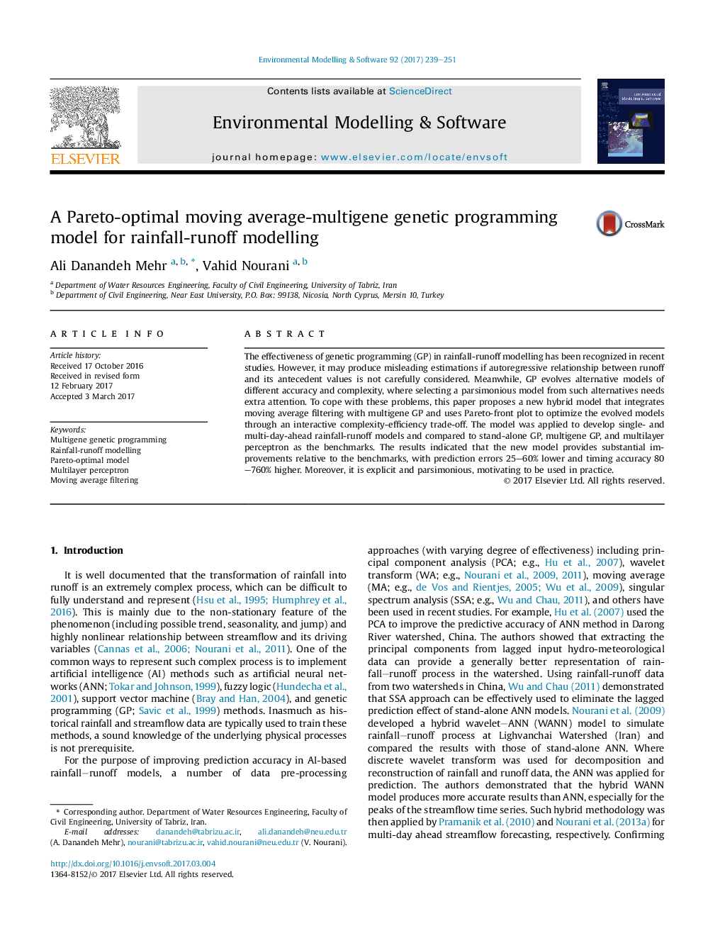 A Pareto-optimal moving average-multigene genetic programming model for rainfall-runoff modelling