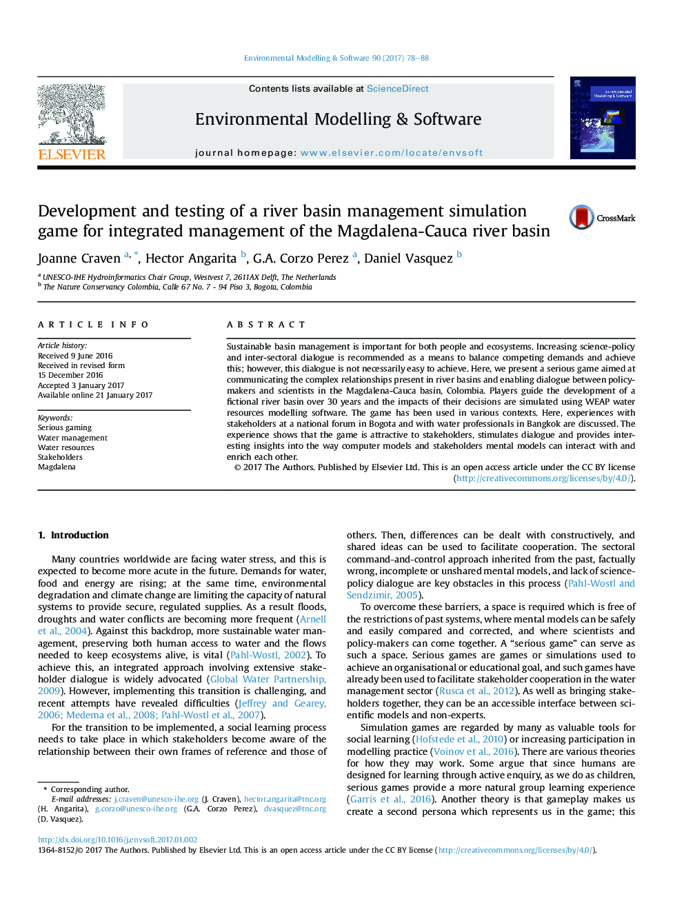 Development and testing of a river basin management simulation game for integrated management of the Magdalena-Cauca river basin